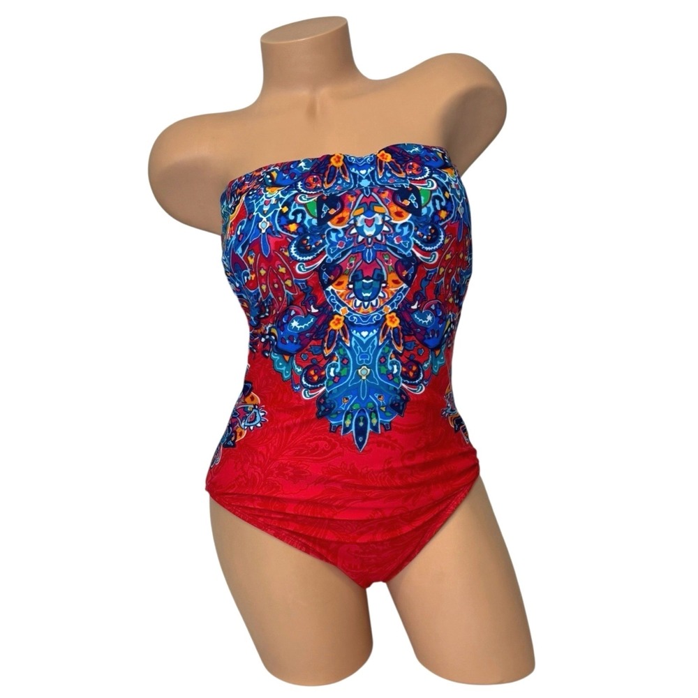 Lauren Ralph Lauren Red Paisley Bandeau One Piece Swimsuit Womens Size 12